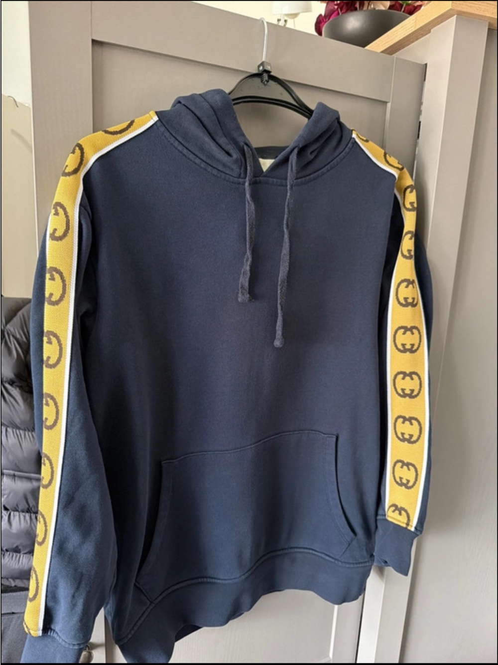 Gucci Men's Navy Hoodie with Yellow Accent Stripe